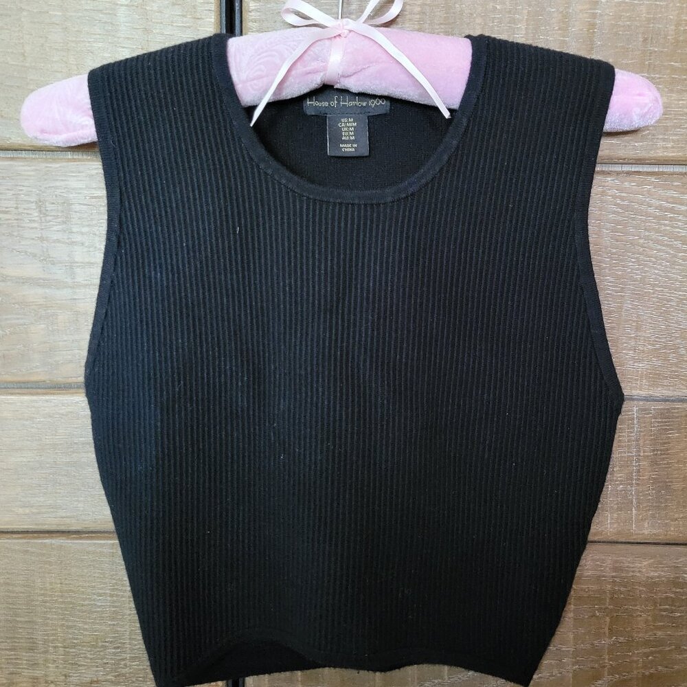 HOUSE OF HARLOW 1960 BLACK RIBBED KNIT CROP TANK TOP SLEEVELESS SWEATER SZ MED